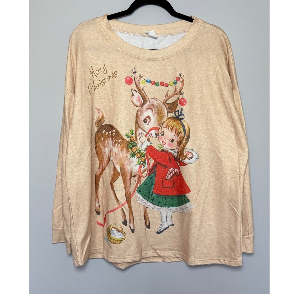 Women's 1XL Christmas Sweatshirt Reindeer Little Girl Merry Christmas 100% Poly